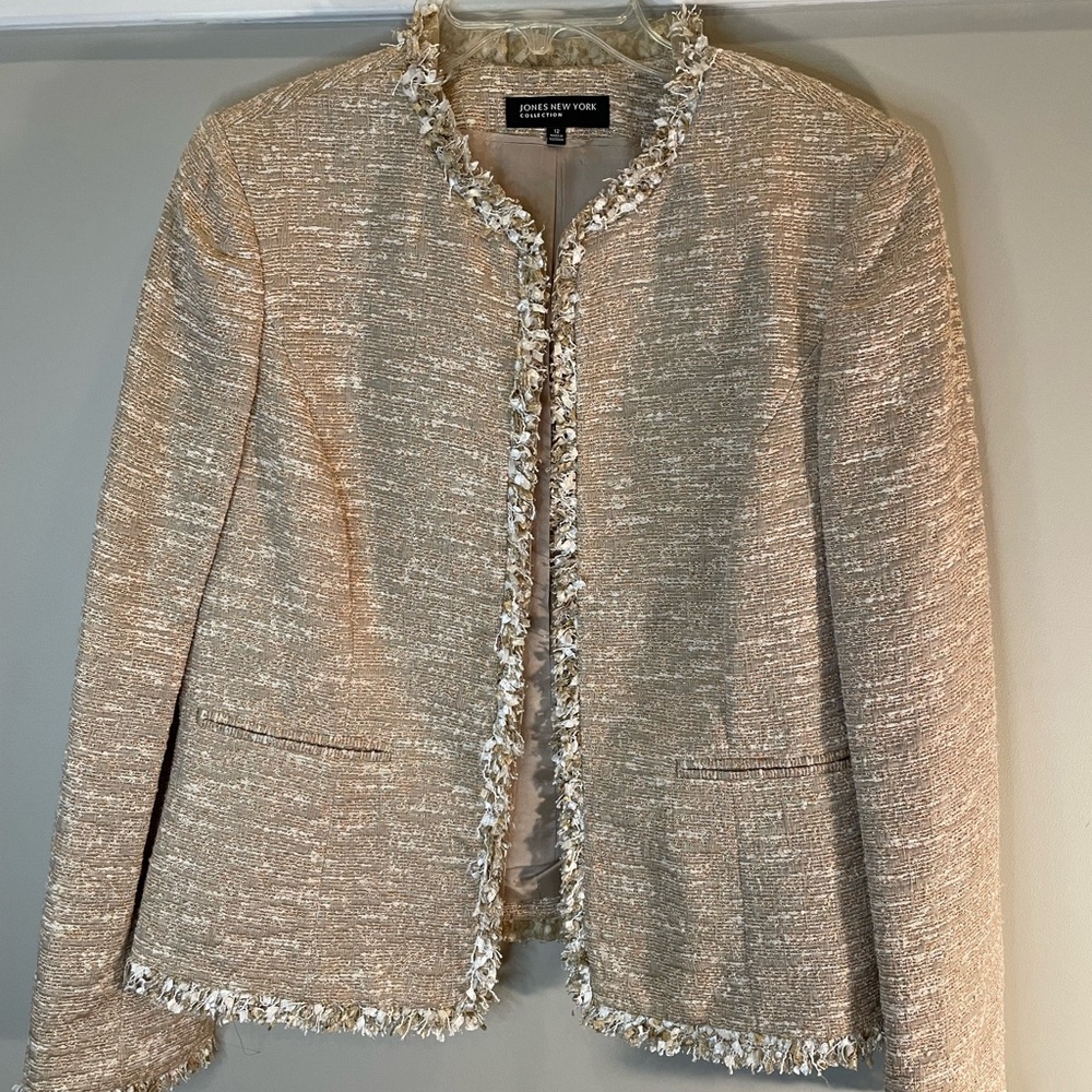 Jones New York Tan Blazer with Frayed Trim